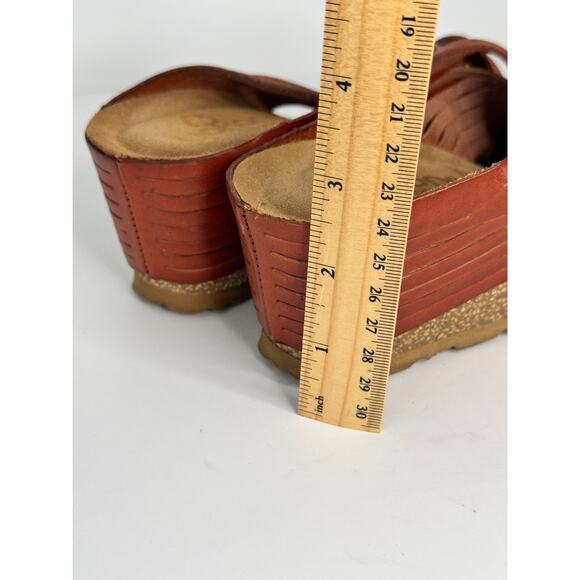 Yokono Women's Leather Slide Sandals Size 8 Brown Cross Strap Cork Wedge Comfort - Picture 2 of 8